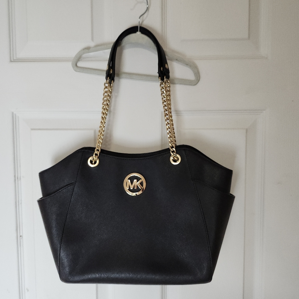 Michael Kors Jet Set Saffiano leather Shoulder Tote Bag Black golden chain Lg - Picture 3 of 16